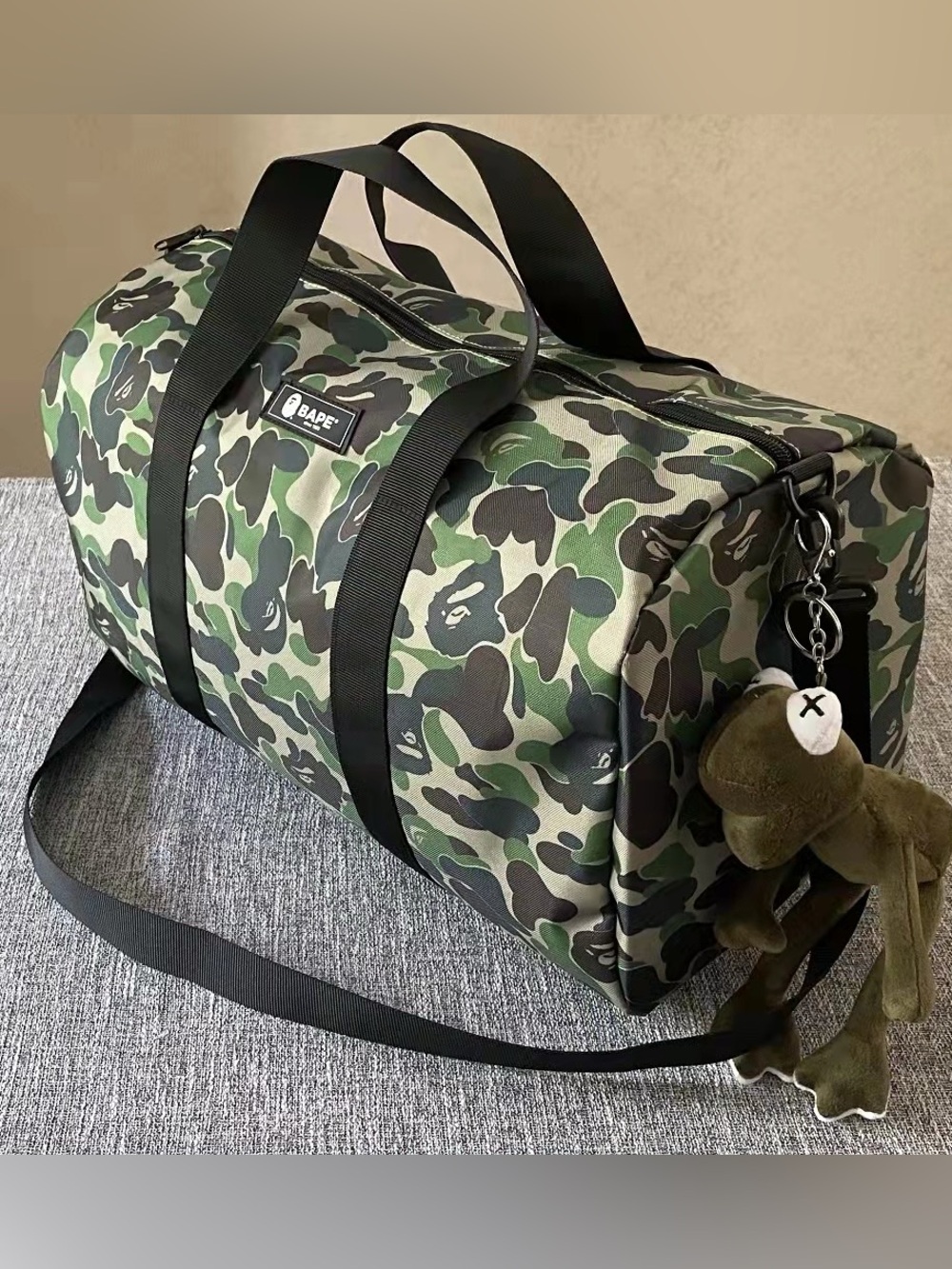 Bape Green Camo Duffel Bag with Black Straps